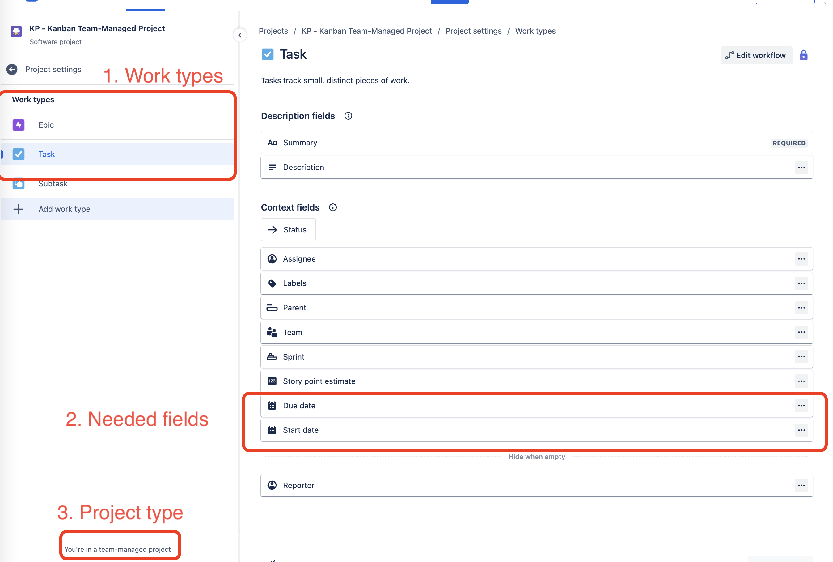 Work types config of team-managed projects